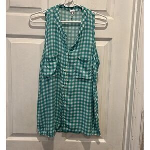 Splendid Womens Teal Gingham Check Sleeveless Button Down Top Large  Coastal